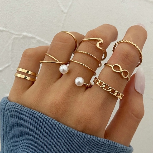 The Secret Pine Jewelry - *CHARMAINE* 10-Pc Gold Irregular Geometric Twist Hollow Design Fashion Ring Set